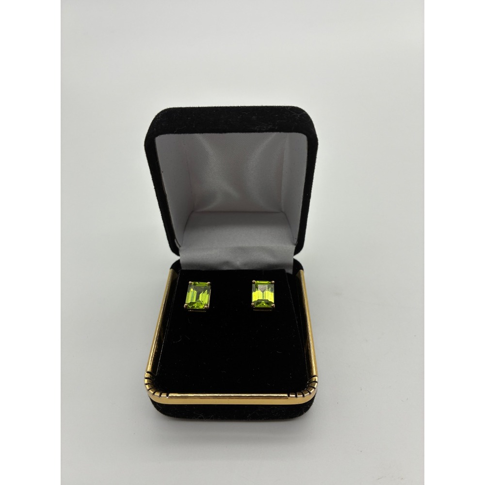 14K Gold Peridot Stud Earrings Emerald Cut Natural Gemstone 3g